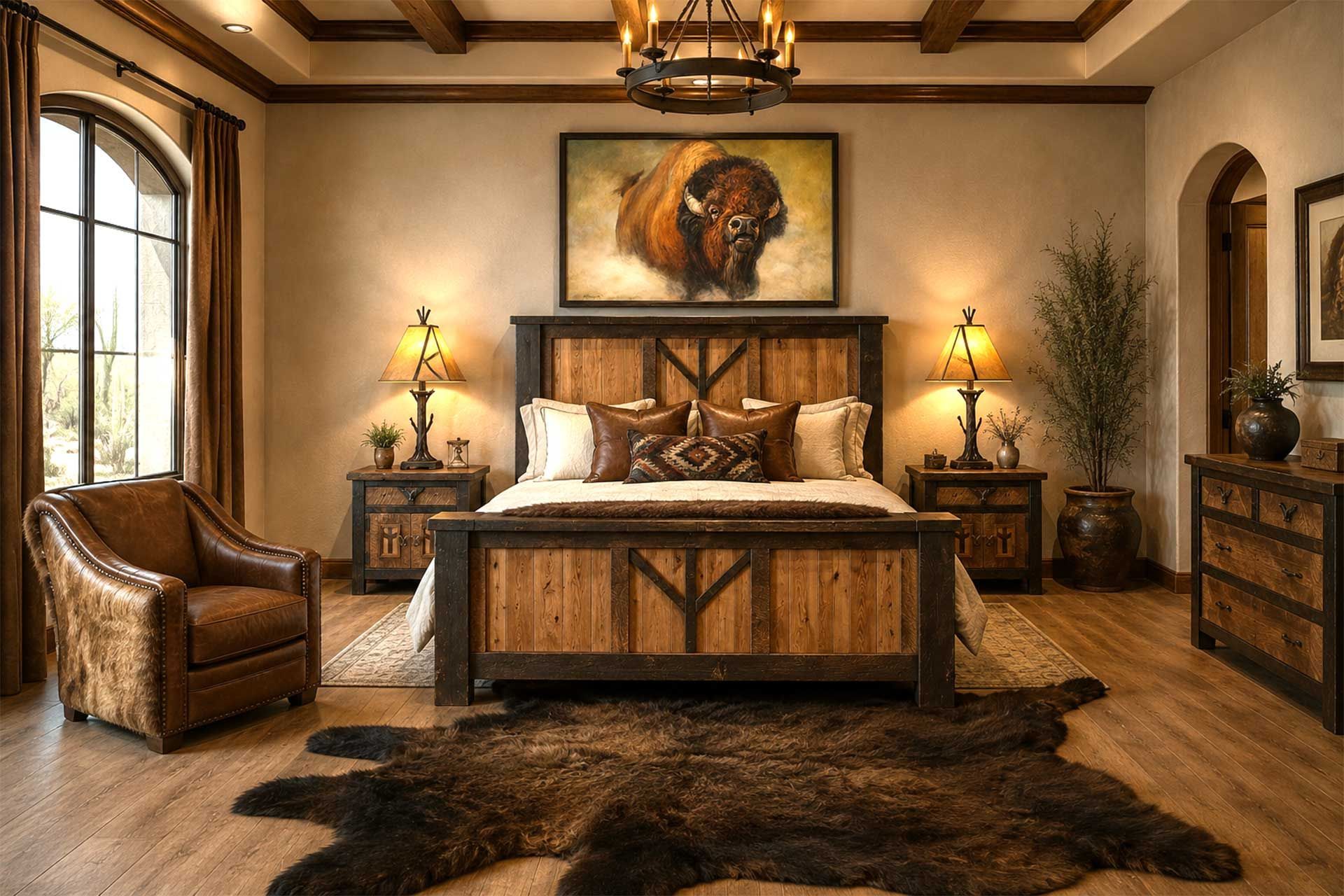 Cozy rustic bedroom with a wooden bed, warm lighting, fur rug, and Western-style decor