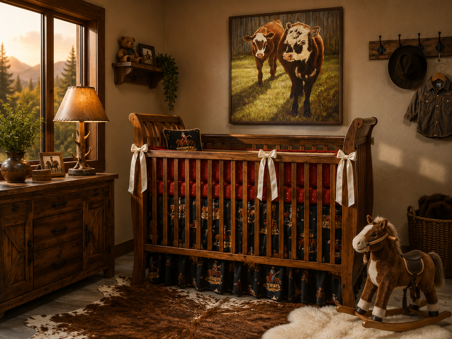 A rustic bedroom set with a wooden bed frame, matching nightstand, and dresser on a gray concrete floor.