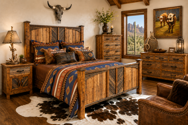 Rustic bedroom with log bed, patterned bedding, cowhide rug, and western decor.
