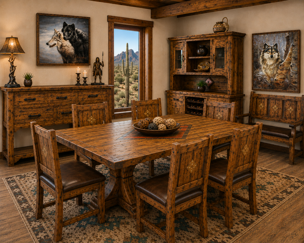 Rustic dining room with wooden table, chairs, sideboard, and desert landscape view through a window