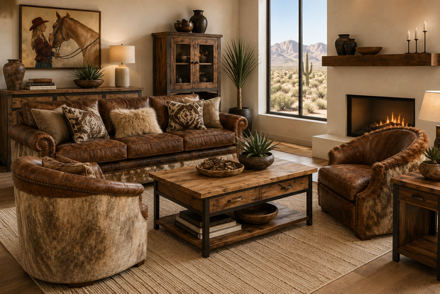 Cozy rustic living room with brown sofas, stone fireplace, wooden coffee table, and mountain view window