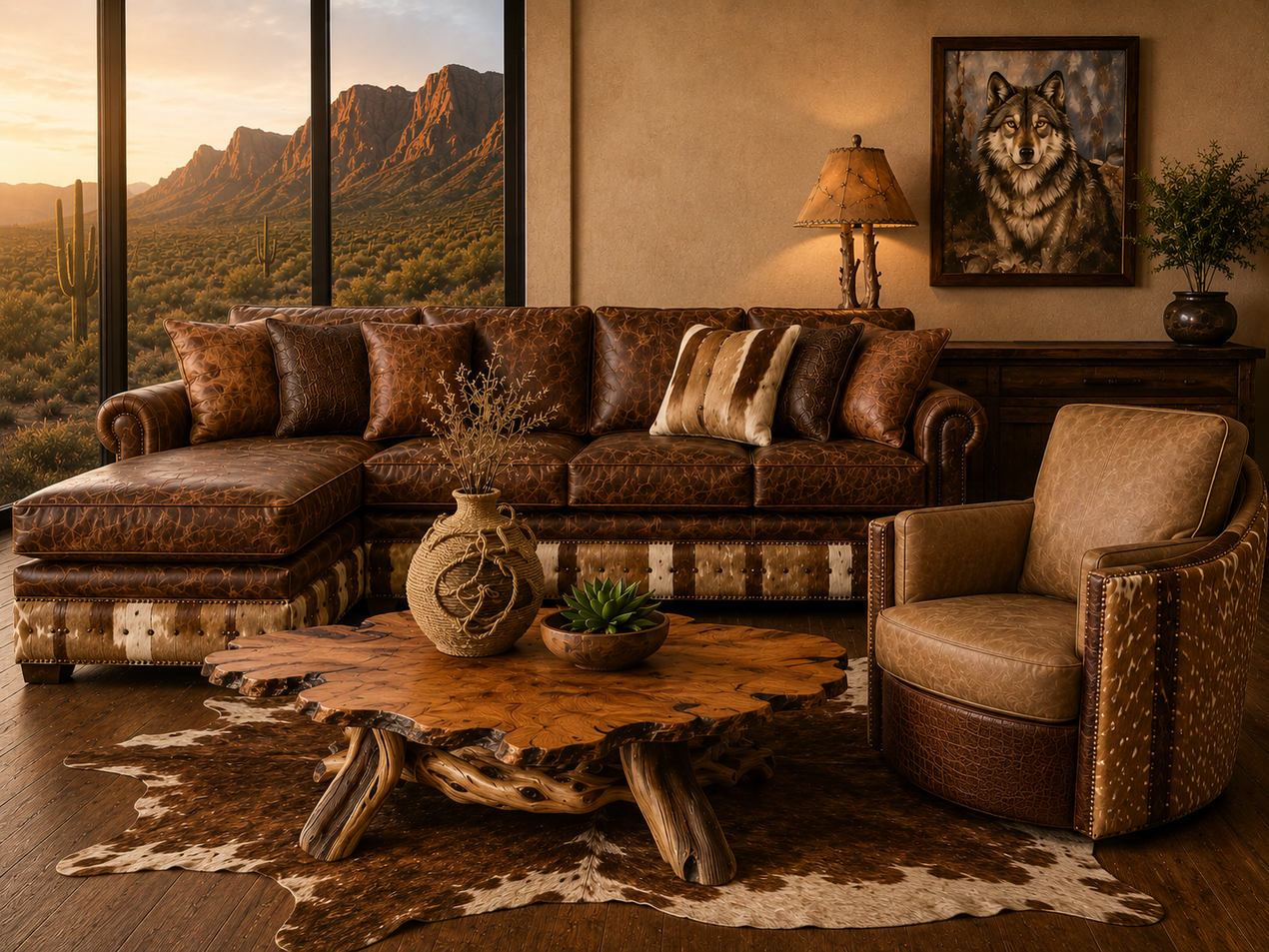 A room with a rustic recliner, a cow-print accent chair, a matching lamp with a base, and a small cow portrait on the wall.