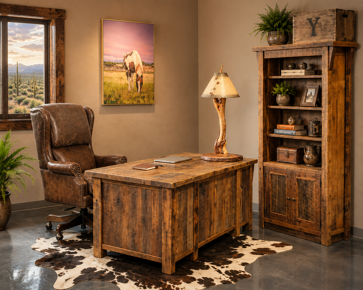 A rustic office features a wooden desk and chair, a matching bookshelf, a buffalo painting, and a steer skull wall decor.