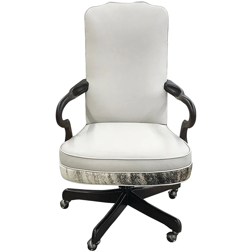 Office chair with a high white back, white seat, dark patterned base, and dark curved arms on a five-point wheeled base.