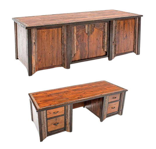 A front and back view of a rustic wooden desk with dark trim, featuring drawers on one side and a solid panel front.