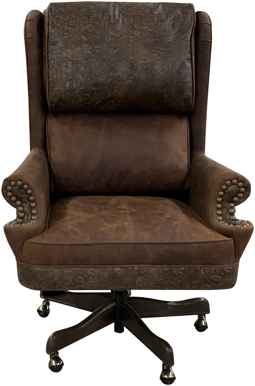 A traditional, dark brown leather office chair with a winged back, nailhead trim, and a rolling base.