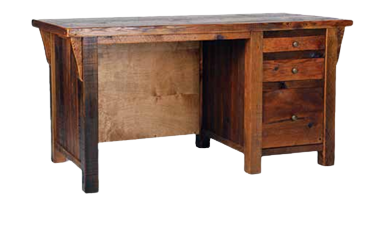 A rustic, rectangular wooden desk featuring three stacked drawers on the right side and a warm, distressed finish.