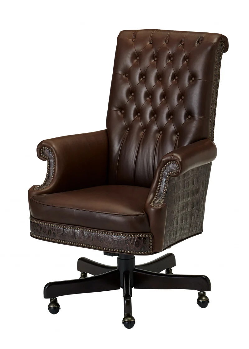 A high-backed, tufted dark brown leather executive office chair on a black rolling base.