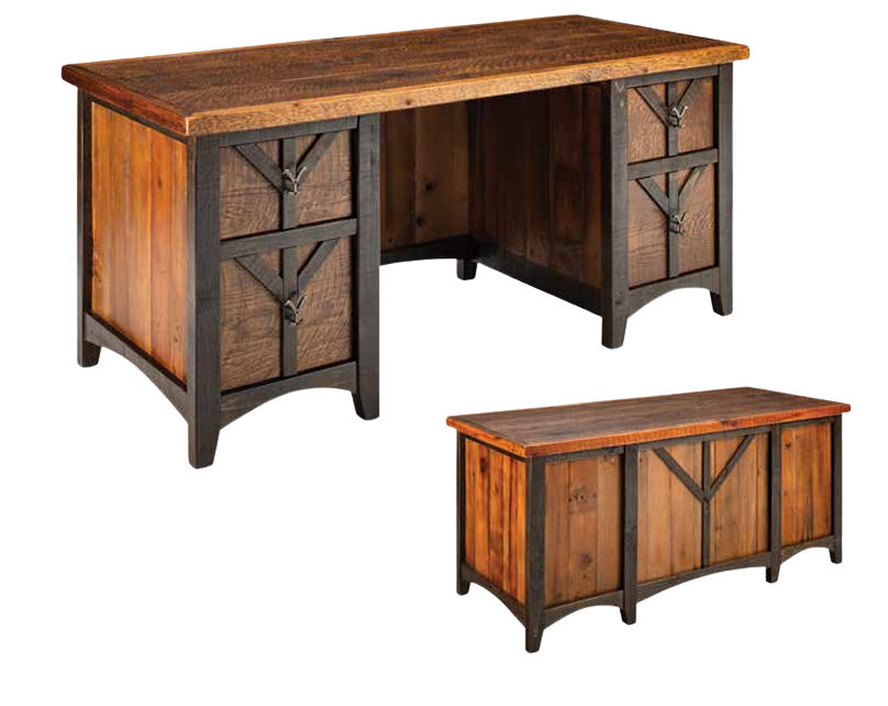 A rustic, dark-wood desk with drawers on the left and right, paired with a matching long wooden storage chest.
