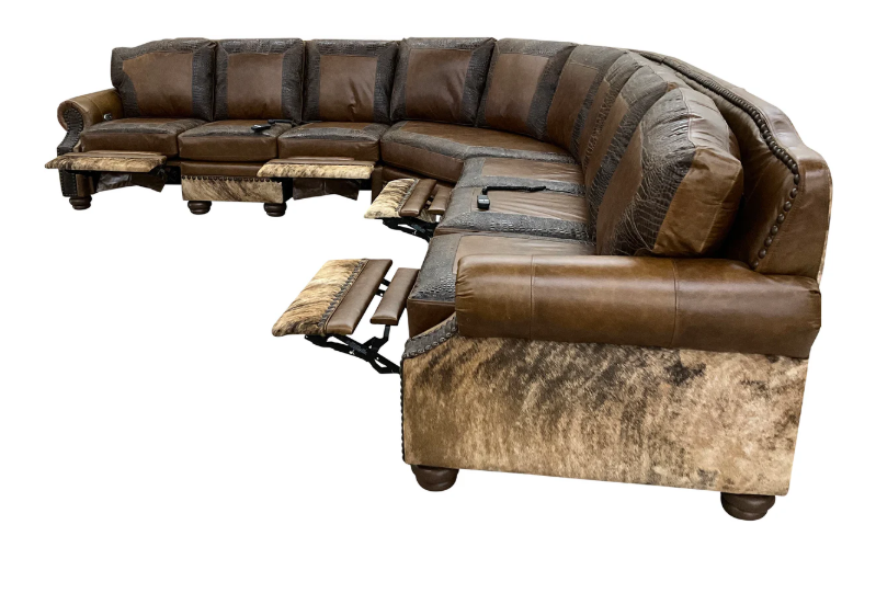 L-shaped brown leather sectional sofa with rustic cowhide-patterned upholstery, featuring multiple reclining footrests.