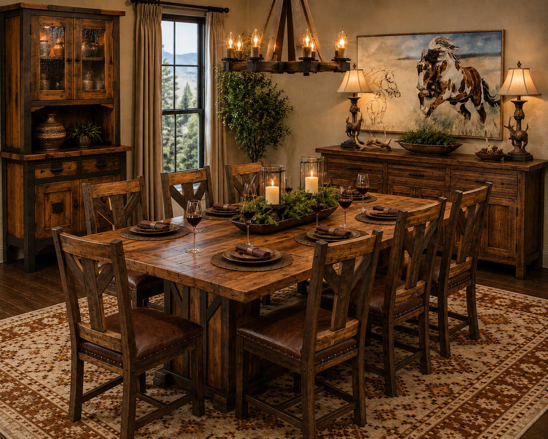 Rustic dining room with wooden table, chairs, chandelier, and horse painting above a sideboard.