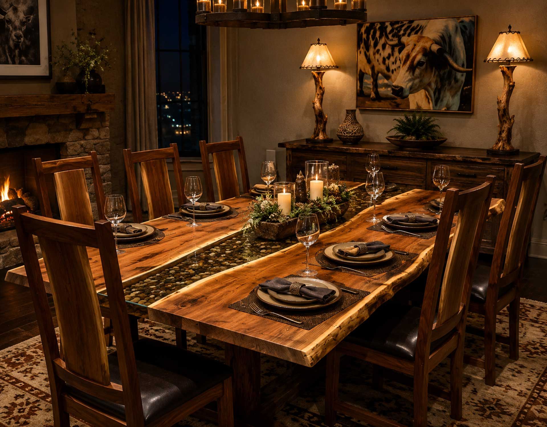 Dimly lit rustic dining room with a set table, wooden chairs, candles, and warm amber lamps