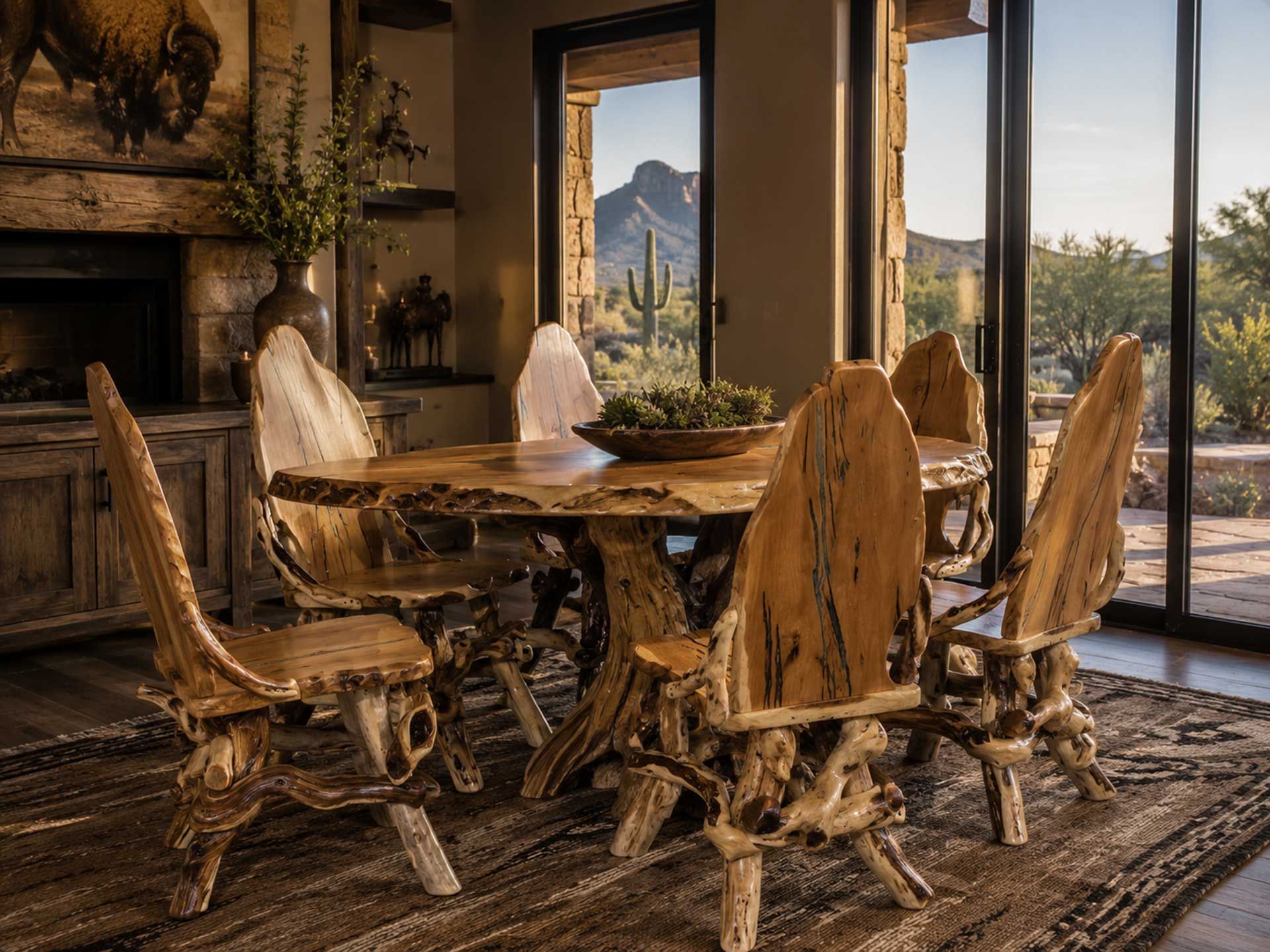 Rustic dining room with wooden table and chairs, large windows, and mountain view.