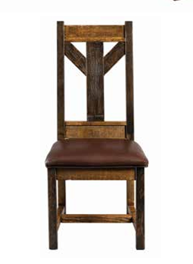 Rustic wooden chair with brown cushioned seat and tall backrest