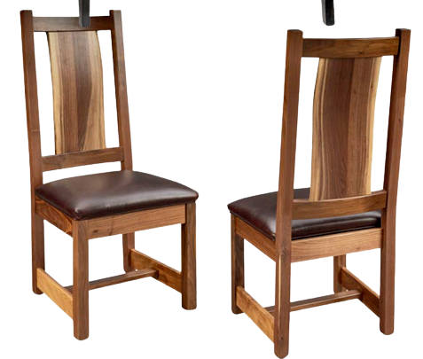 Two wooden chairs with dark cushioned seats, shown from the front and back sides