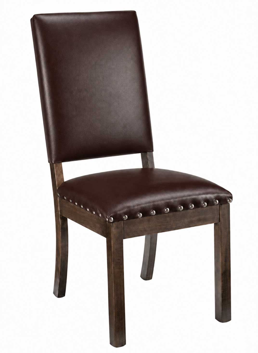 Brown upholstered dining chair with wooden legs and nailhead trim on a white background