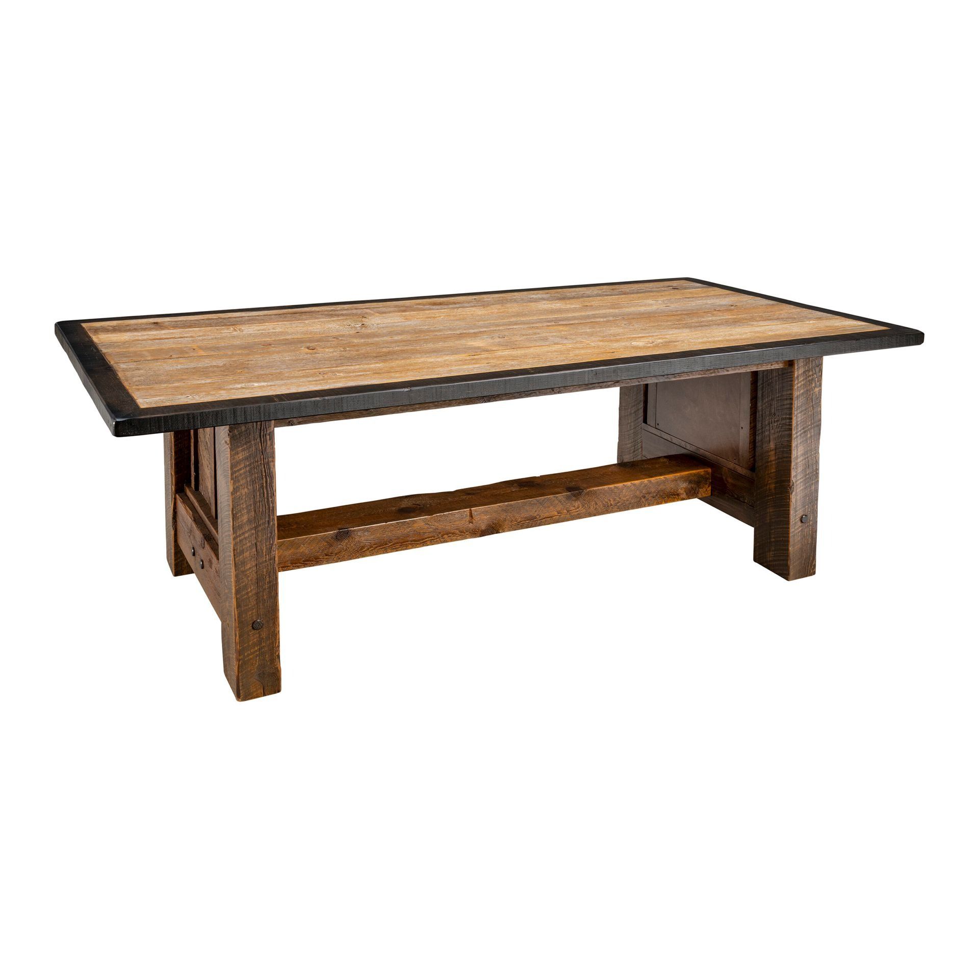 Wooden rectangular dining table with dark metal trim.