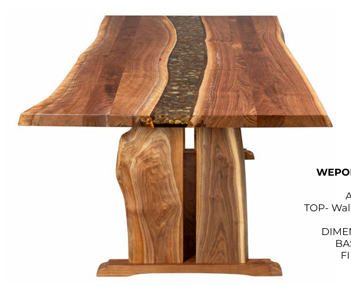 Wooden table with live edge walnut top and epoxy river.