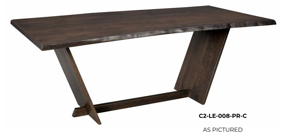 Brown wooden table with angular legs and a live edge.