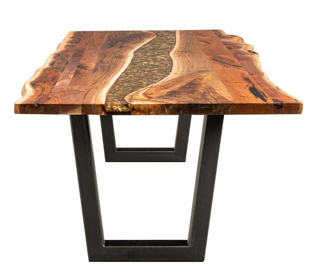 Live edge wooden table with dark metal legs, a river of tan-colored epoxy in the center.