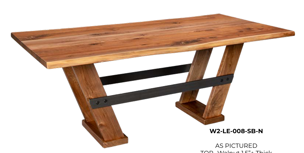 Wooden dining table with angled legs and black metal supports.