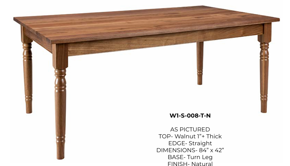 Wooden dining table with turned legs and straight edge, finished in natural wood.