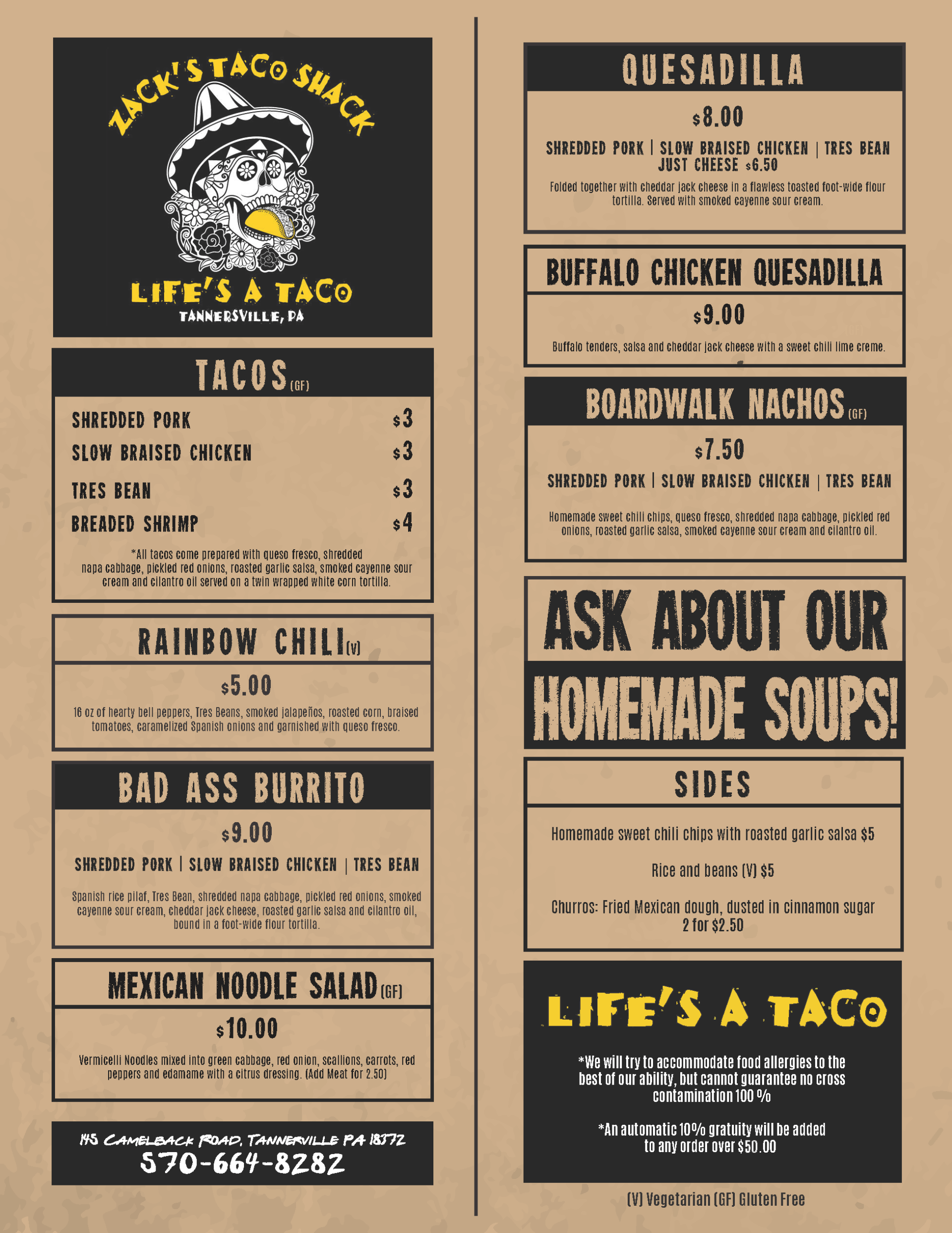 Zack's Taco Shack Menu Tannersville, PA