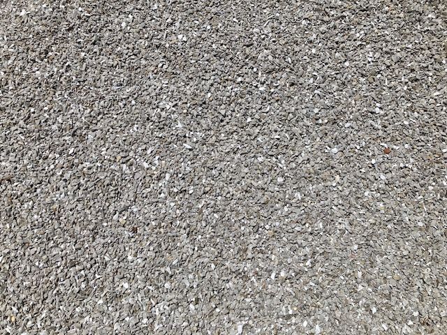 Close-up of rough gray gravel with small stones and pebbles scattered across the surface