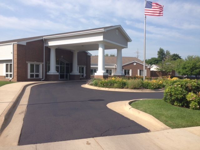 Driveway of a building with USA flag