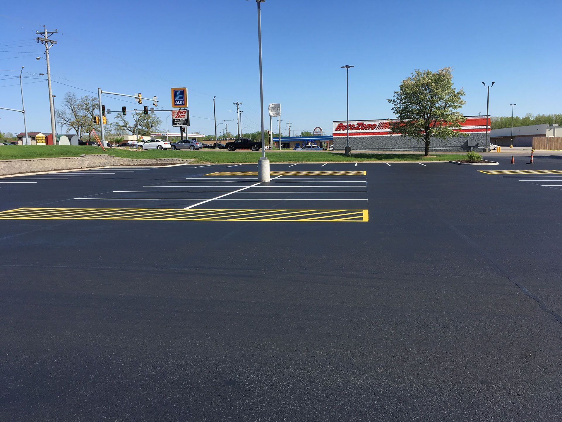 Parking lot with white and yellow line striping