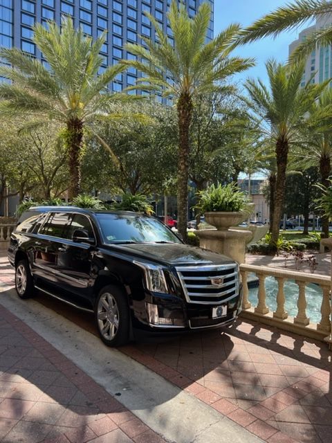 Black Cadillac SUV parked by a palm-lined hotel fountain in bright daylight.