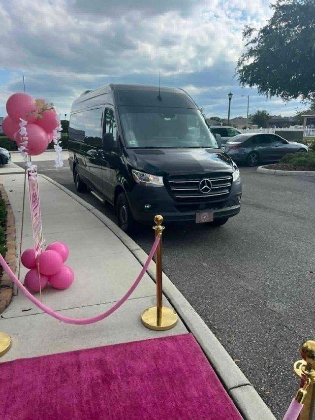 Black van parked beside a pink ribboned carpet and balloon display at an outdoor event.
