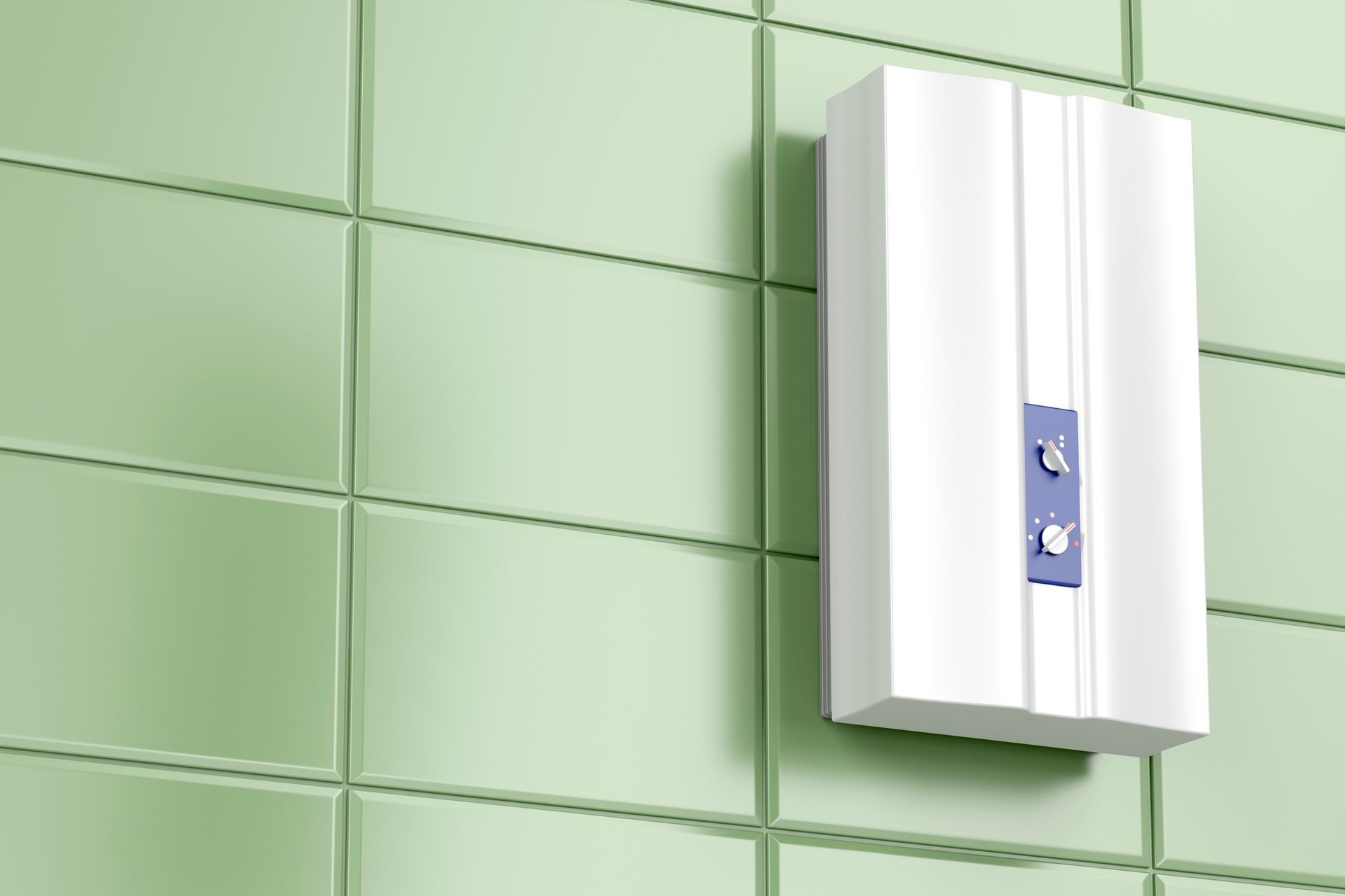 White wall-mounted dispenser on light green tiled wall