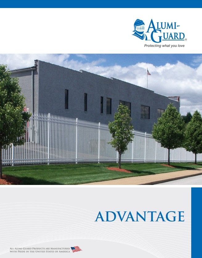 Alumi-Guard brochure cover showing a gray industrial building behind a metal fence, with “ADVANTAGE” text.