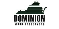 Dominion Wood Preservers logo with black text and green striped tree silhouette