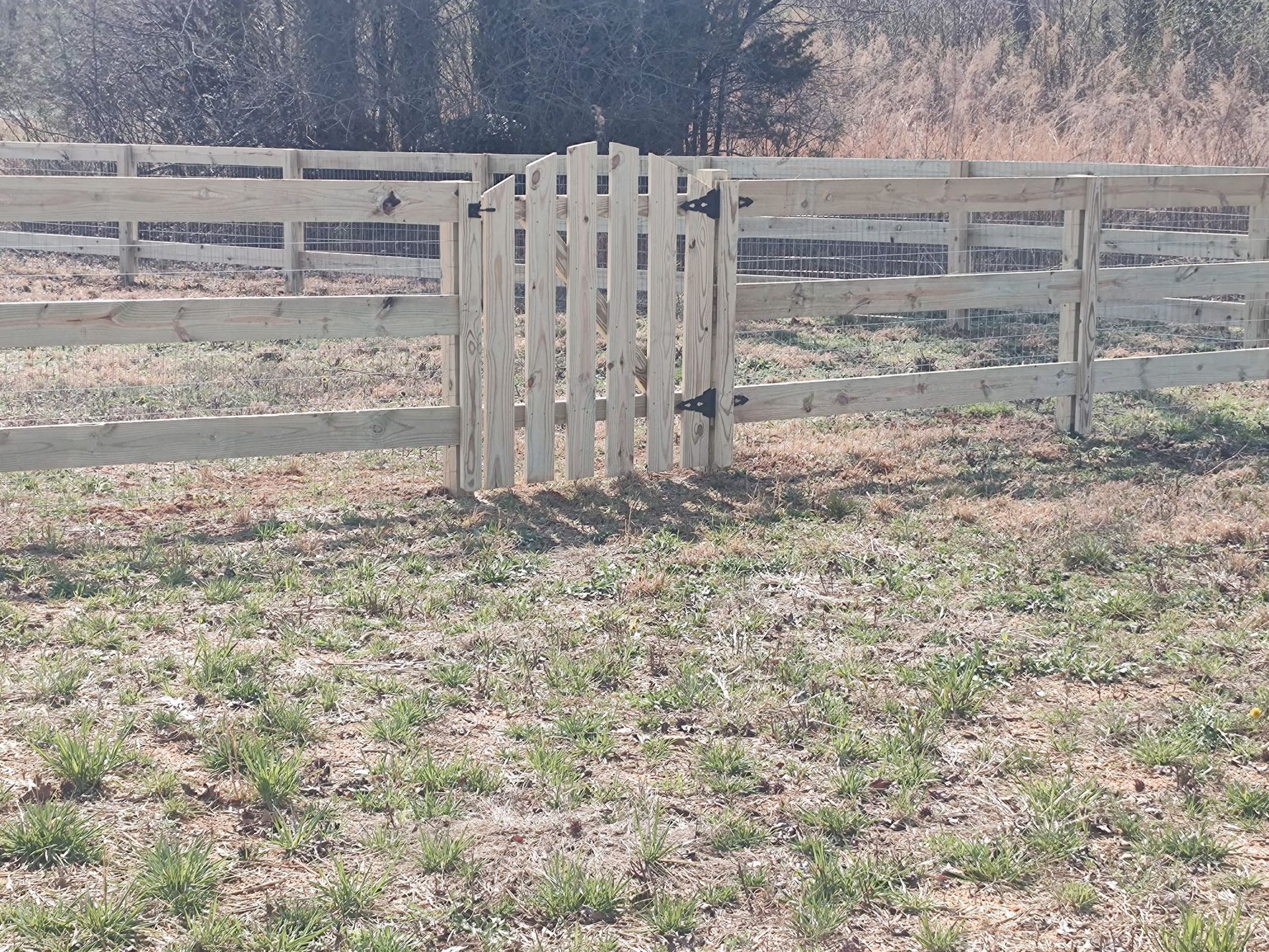 Weathered wooden fence and gate in a grassy rural field with leafless trees in the background