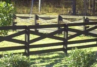Black wooden fence in a sunny grassy yard with trees behind it