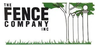 The Fence Company Inc logo with black text and a white fence, tree, and grass illustration