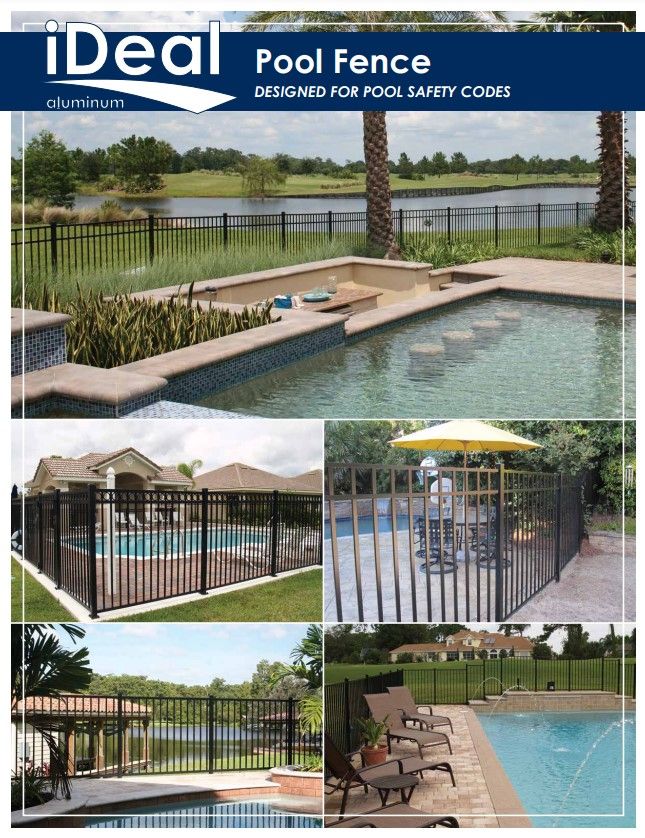 Pool fence designs around a backyard pool with black metal fencing and patio seating