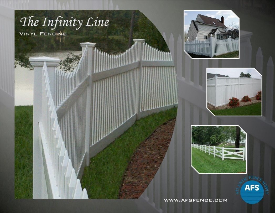 White vinyl fence on a curved lawn with inset photos of matching fence styles and the text “The Infinity Line”