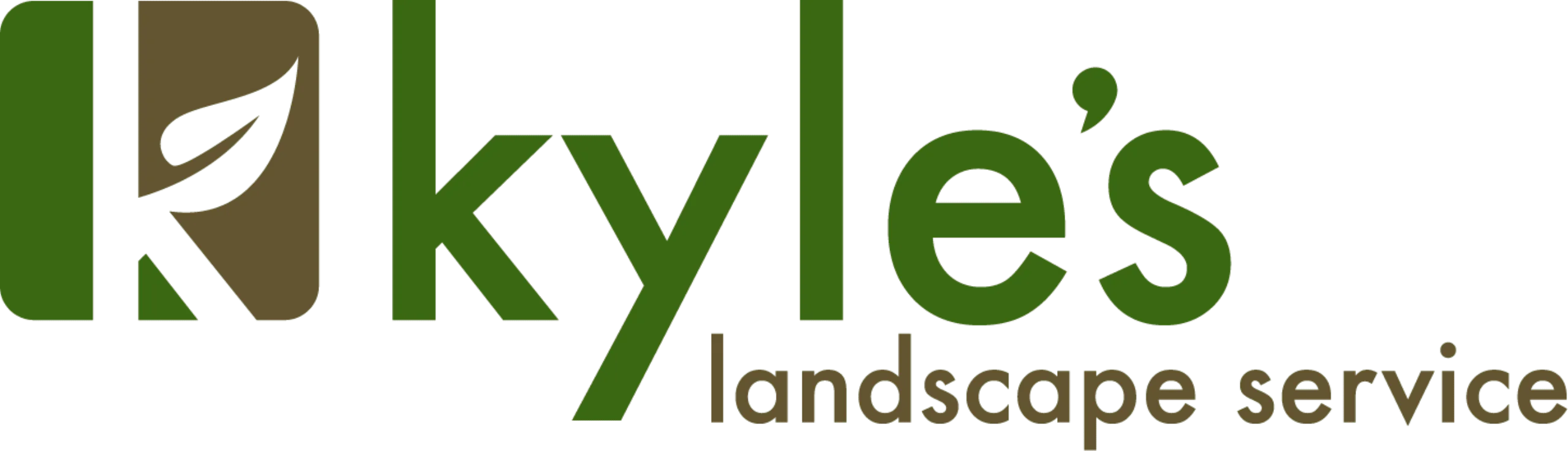 Kyle's landscape service logo with a stylized green leaf inside a dark brown "K." Text reads "Kyle's landscape service."