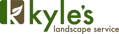 Kyle's landscape service logo with a stylized green leaf inside a dark brown "K." Text reads "Kyle's landscape service."