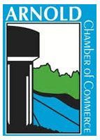 Arnold Chamber of Commerce logo: black and white structure, green hills, blue water, and text on a light blue background.