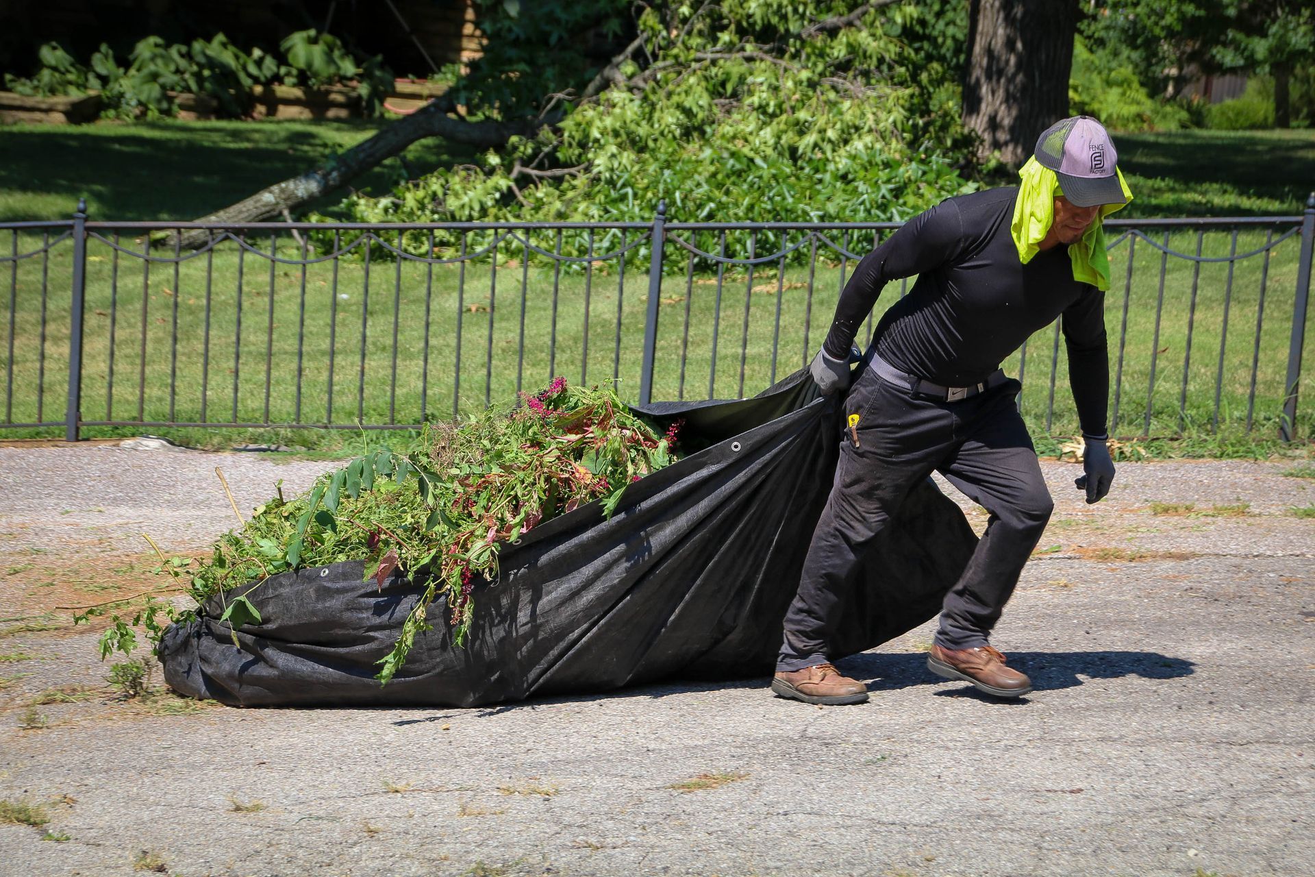 Person carrying a large black trash bag filled with green leafy branches and debris outdoors.