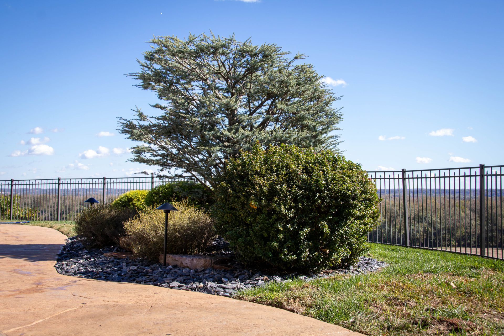Landscaped area with tree, bushes, and black rock border, near fence with a scenic view.