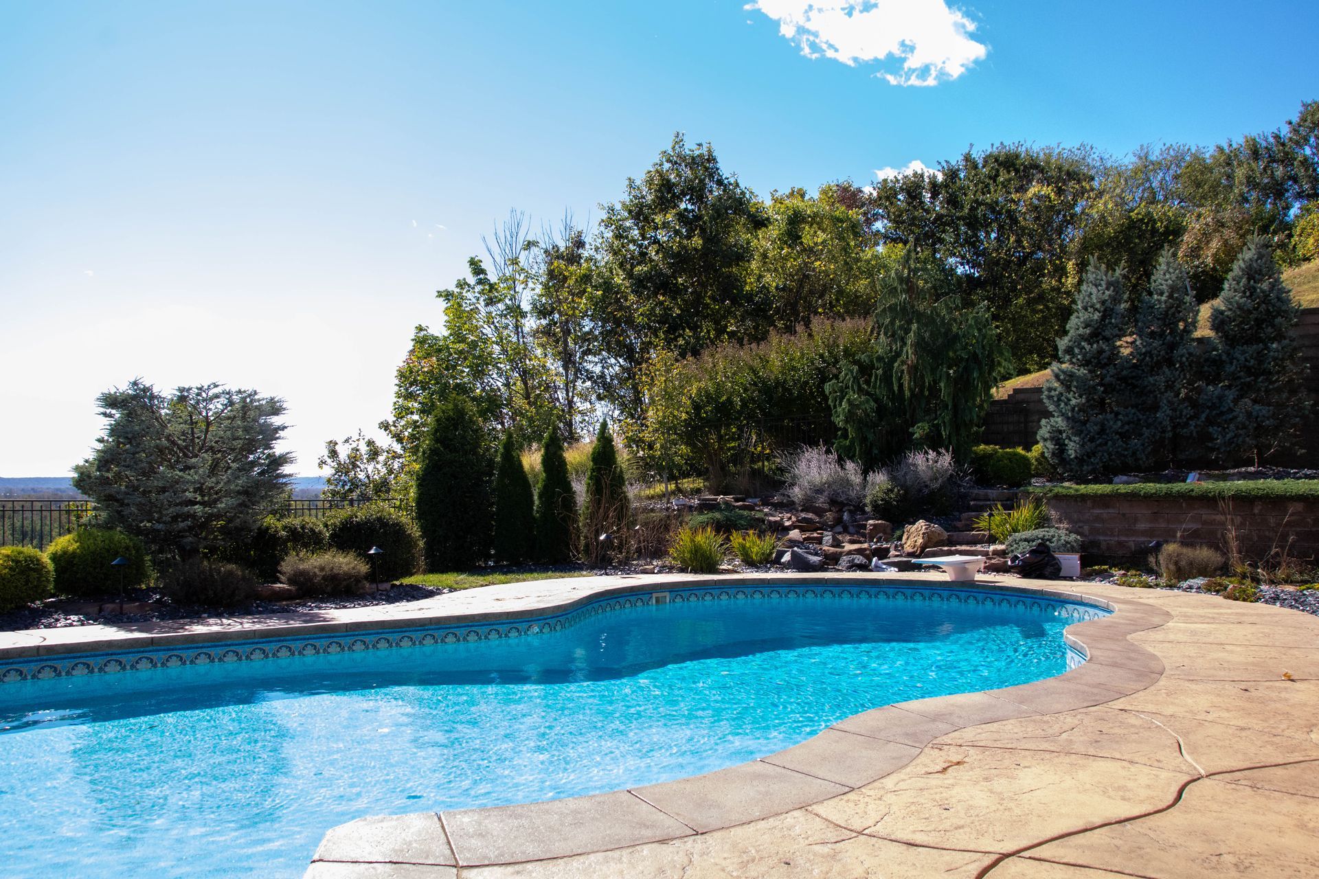 Pool with blue water and stone edge surrounded by landscaping, under a sunny sky.