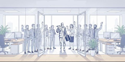 Stylized crowd of people in a bright office corridor, cheering with raised arms between desks and monitors