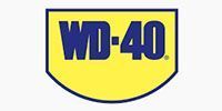 WD-40 logo in blue lettering on a yellow shield-shaped background