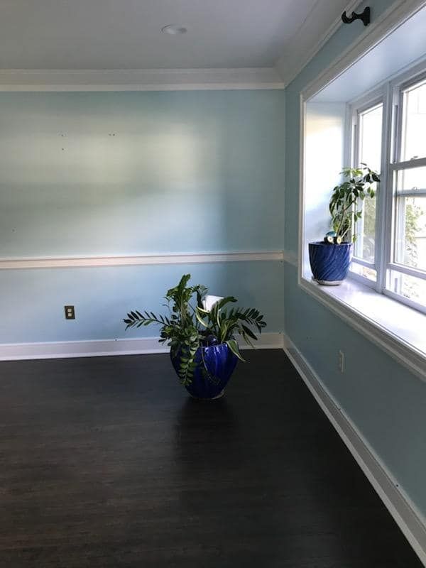 Two potted plants are sitting on a window sill in an empty room.