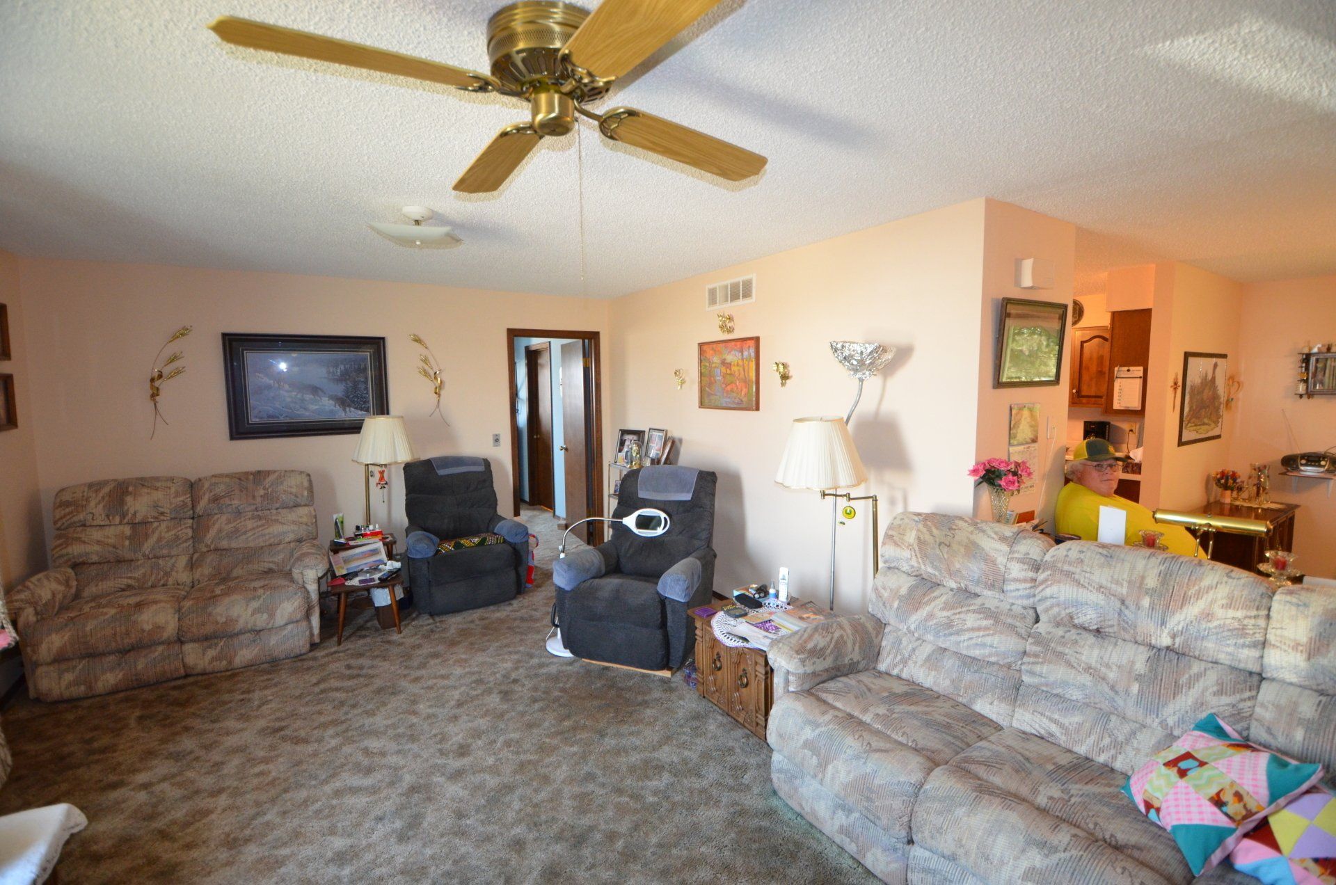 A living room filled with furniture and a ceiling fan.